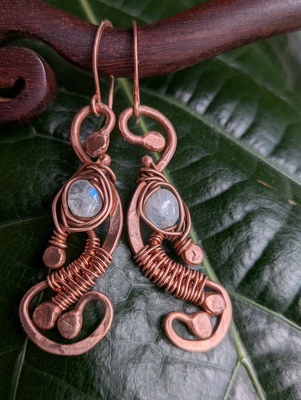 Artisan Copper Earrings with Moonstones - Picture 4 of 11